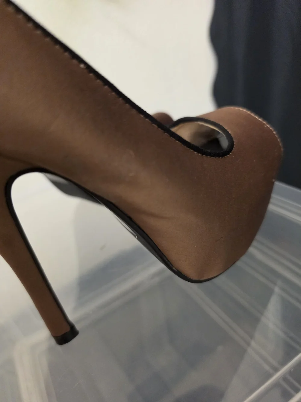 Qupid Blush Peep-Toe Stiletto Heels with Black Trim and Bow Accent